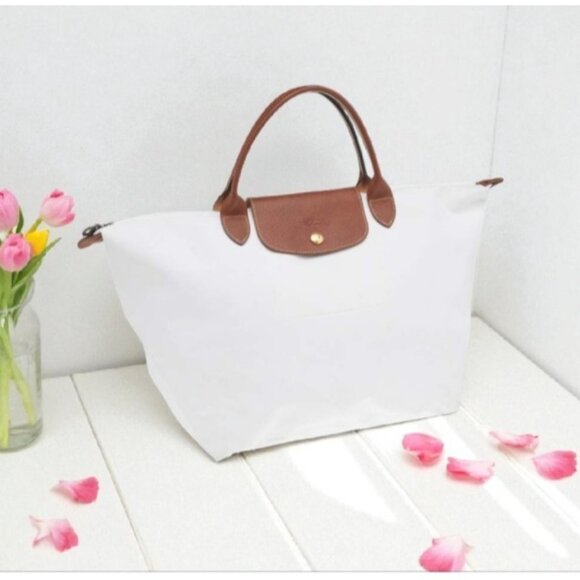 Longchamp White/Brown Nylon And Leather Le Pliage Tote - Picture 1 of 16